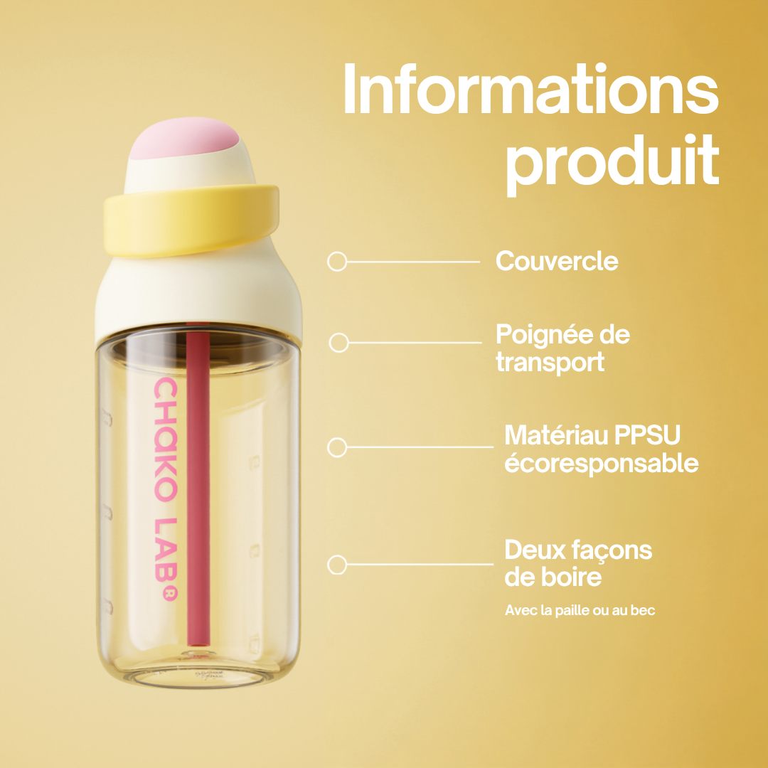 Gourde à paille Kada Cup blanche 550 ml de Chako Lab avec les informations du produit.