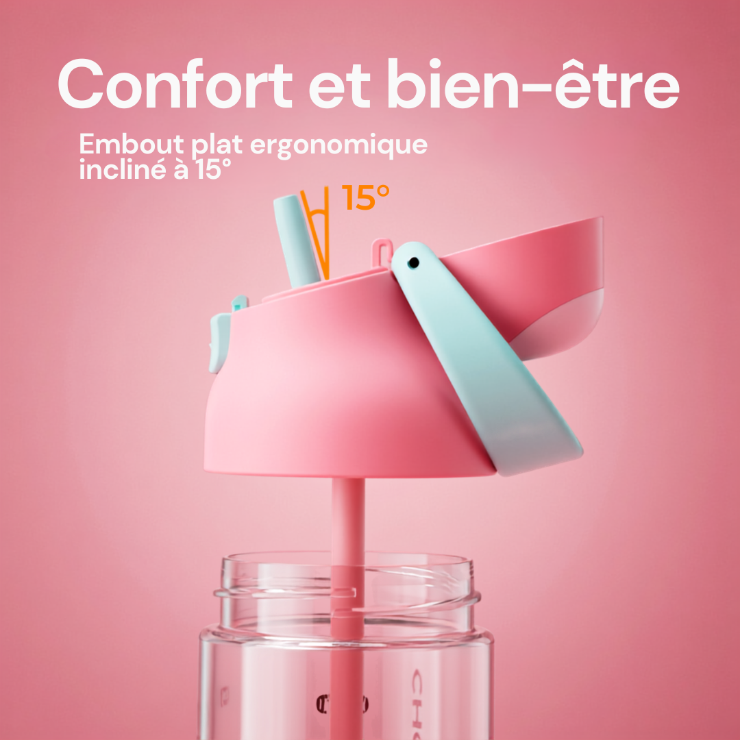 Gourde à paille Kada Cup rose 550 ml de Chako Lab. Embout plat ergonomique.