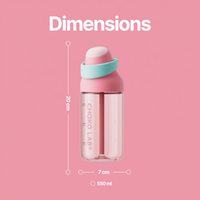 Gourde à paille Kada Cup rose 550 ml de Chako Lab, posée sur fond uni rose avec les dimensions.
