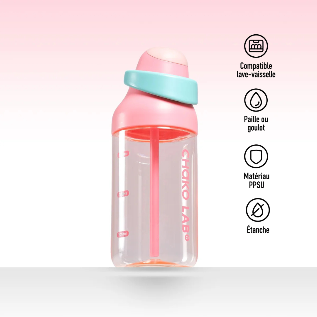 Gourde à paille Kada Cup rose 550 ml de Chako Lab. Étanche et compatible lave-vaisselle.