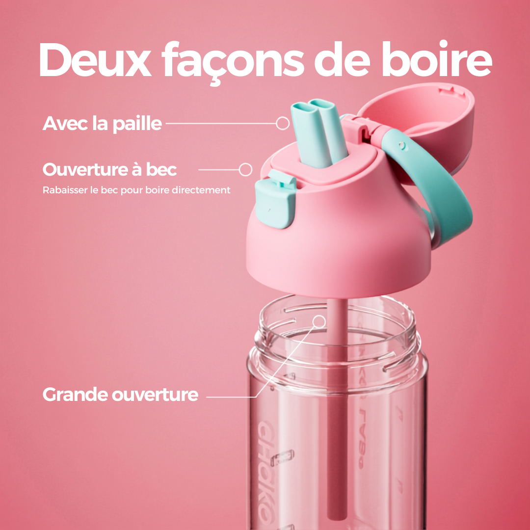 Gourde à paille Kada Cup rose 550 ml de Chako Lab. deux façons de boire.