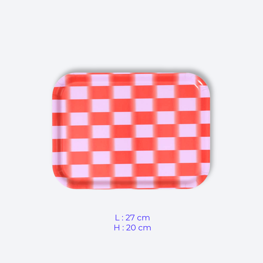 Petit plateau rectangulaire rouge et rose Wrap Magazine vu de dessus