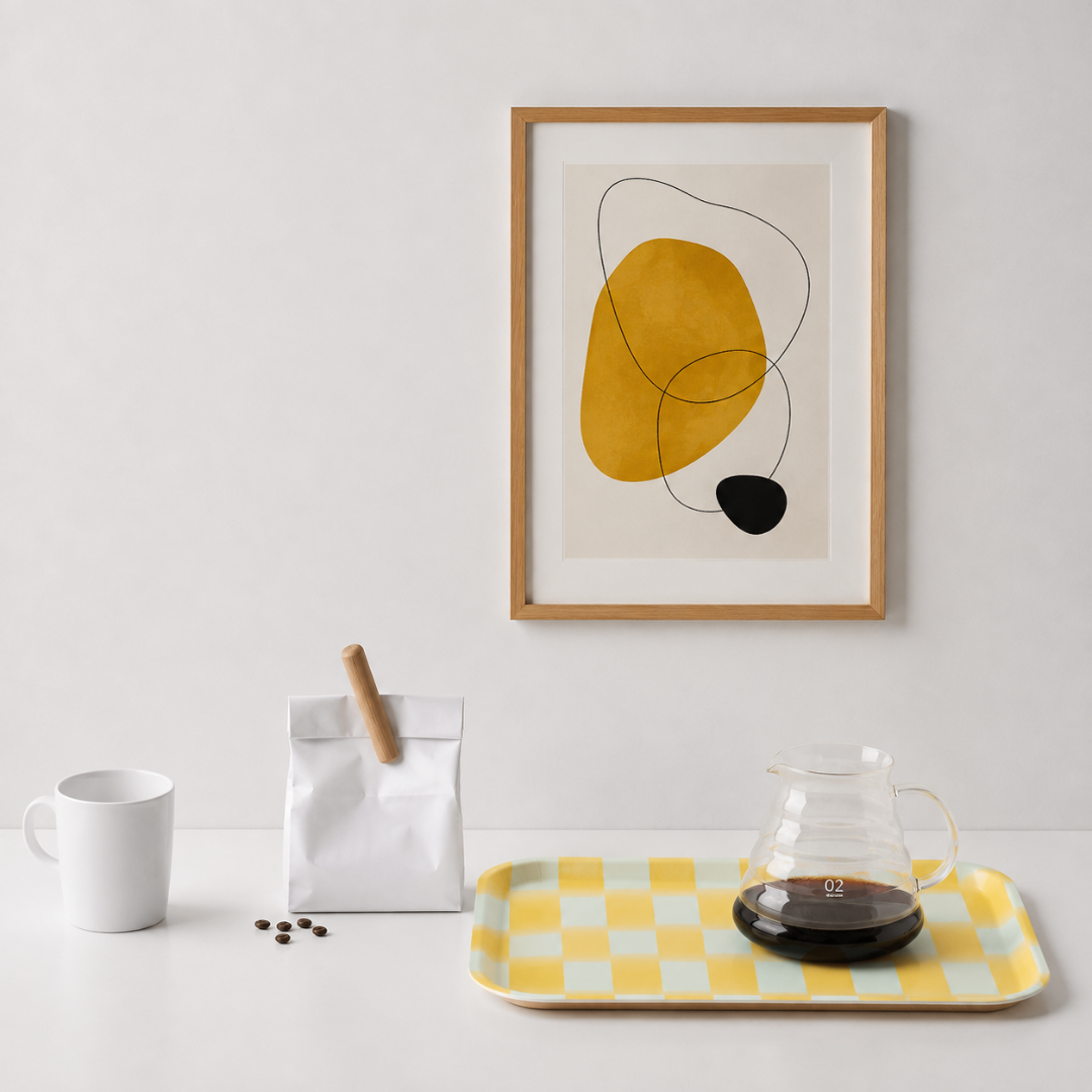 Plateau jaune et blanc Wrap Magazine vu de dessus