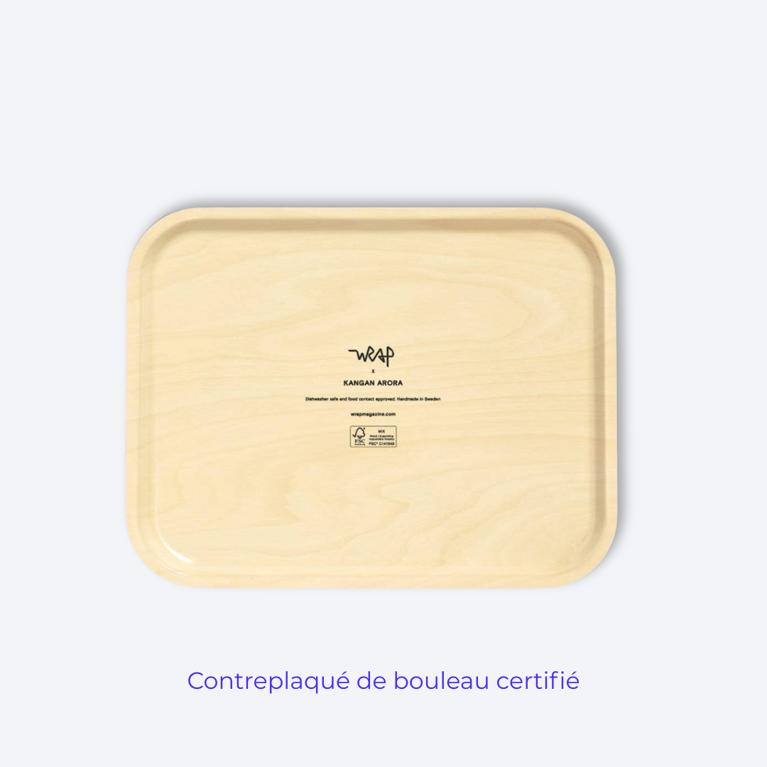Plateau de service jaune et blanc Wrap Magazine vu de dessous