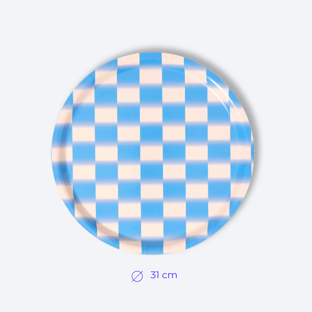 Plateau rond bleu et blanc Wrap Magazine vu de dessus