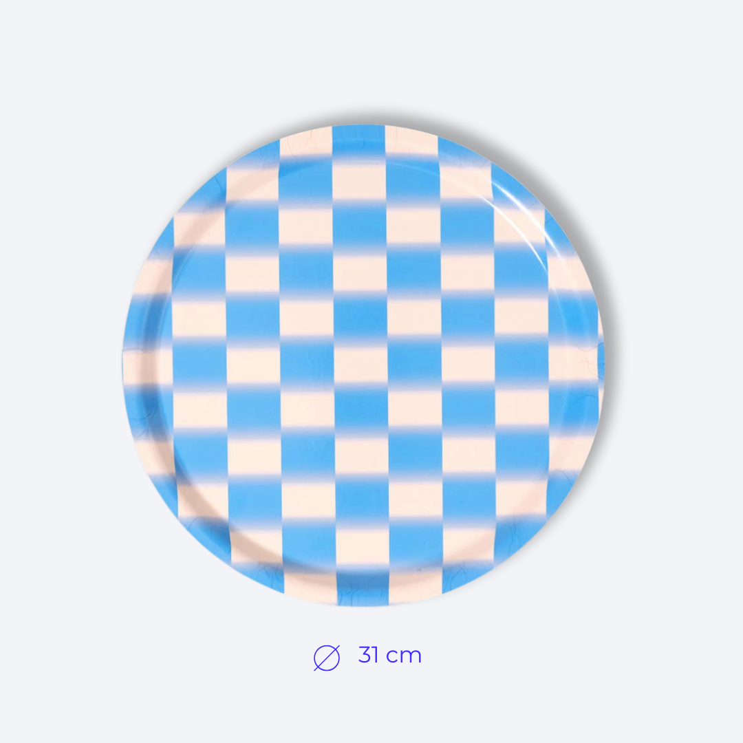 Plateau rond bleu et blanc Wrap Magazine vu de dessus