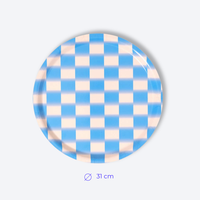 Plateau rond bleu et blanc Wrap Magazine vu de dessus